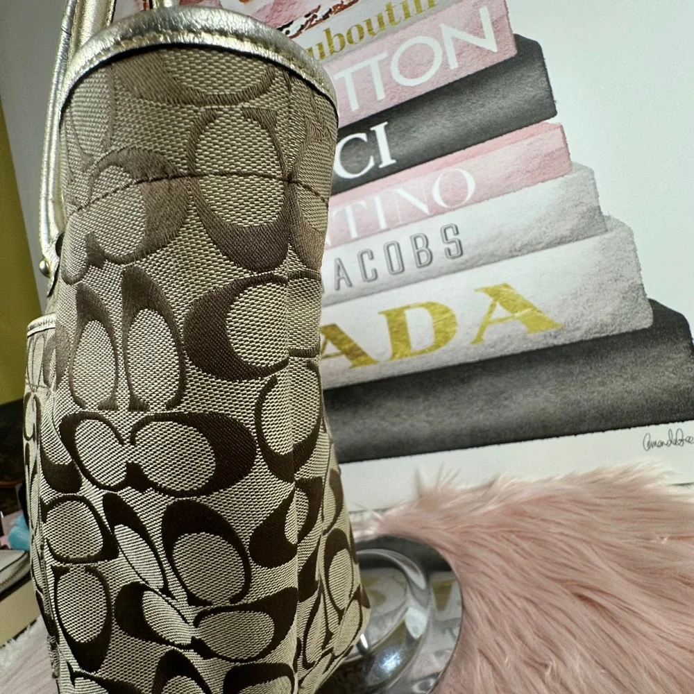 Coach Brown Signature Tote with Metallic Floral Appliqués - Picture 5 of 13